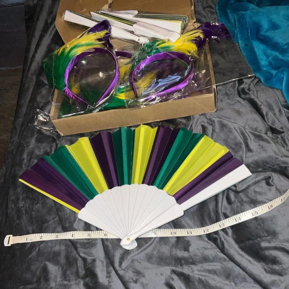 3pc Mardi Gras Vibrant Party Fan and Headband & SCARF set new